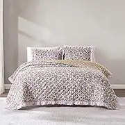 Lush Decor Lola Block Print Ruffle Reversible Floral Quilt 3 Piece Set Full/Queen Purple & Yellow - Block Print Quilt - Floral Bedding Set - Vintage Decor