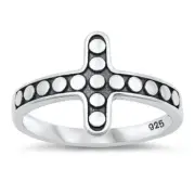 Sideways Oxidized Bead Cross Christian Ring .925 Sterling Silver Band Sizes 5-10