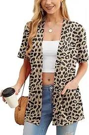 [PrinStory] Cardigans for Women Lightweight Short Sleeve Summer Cardigan with Pocket Casual Front Open V-Neck Outerwear, Leopard Khaki, XXL