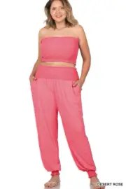 1X 2X 3X Women's Leopard Print Smocked Tube Top Smocked Waist Jogger Set