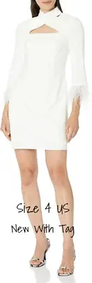 Aidan Mattox Women's Cocktail Mini Dress Ivory Feather Trim Cuffs Size 4 New