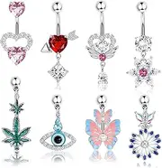 [Kakonia] 14G Belly Button Bars for Women 316L Surgical Steel belly rings Cute Dangle CZ Heart Flower Butterfly Evil Eye Leaf Dangling Navel Rings Belly Piercing Jewellery