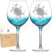 Hand Blown Wine Glasses for Red / White Wine, Set of 2 Turtle Burgundy Glasses, Gifts for Turtle Lovers Mother's Day, Teal Crackle Lead-Free Stemmed Glassware for Anniversary Wedding Birthday 19 Oz