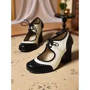 Women's 1930s-Inspired Two-Tone Lace-Up Oxford Heels – Retro Faux Leather Chunky Pumps for Vintage Fall Winter Outfits and Tea Parties