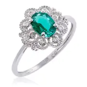 10k White Gold Created Emerald and Diamond Accent Ring