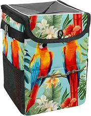 Car Trash Can with Lid and Storage Pockets Leak-Proof Organizer,Waterproof Garbage Can,Bird Flower Tropical Leaf Parrot