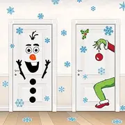 ROCWOHO 4 Sheets Christmas Door Stickers Decor Christmas Snowman and Grinch Door Stickers Large Snowman Grinchmas Stickers with Snowflake Decals for Winter Door Window Refrigerator Decorations