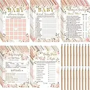 Spakon 125 Pcs Floral Baby Shower Games for Girls Set of 5 Baby Shower Game Activities Floral Cards with 20 Pencils Includes Baby Bingo Guess Who Baby Price Is Right Description Word Scramble Game
