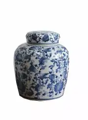 Creative Co-op Blue & White Ceramic Ginger Jar with Lid