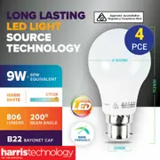 Handy Hardware 4PK Bulb 9W LED B22 Warm White Bayonet Energy Saving