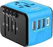 Disgian Travel Adapter, Universal International Power Adapter with 3USB Port and Type-C International Wall Charger Worldwide AC Power Plug for Multi-Nation Travel UK, EU, AU Over 200 Countries (Blue)