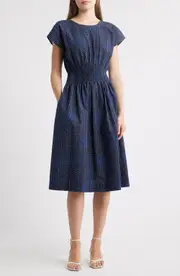 MARGARET O'LEARY Valencia Print Smocked Waist Midi Dress in Indigo Spots at Nordstrom, Size Medium
