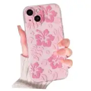 Compatible for iPhone 15 Plus Case Cute Clear Hibiscus Flower Floral Pink