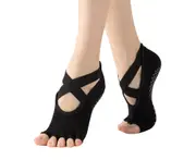 Ladies Ballet Yoga Pilates Socks Non-Slip Skid Grips Open Toe Sports Socks - Black