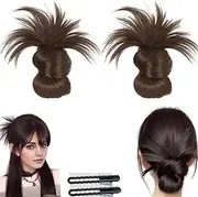 Clip-On Feathered Bun Wig, Hgyugrf Messy Bun Hair Piece, Messy Bun Clip in Hair Piece, Messy Bun Hair Piece Dark Brown with Highlights, Increase Your Hair Volume Easily (2PCS Light Brown)
