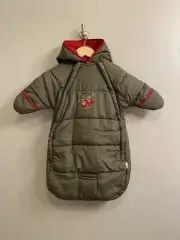 Bon Bebe 0-9 Months Bunting Snowsuit Hood Fleece Lined - Olive w/Red Helicopter