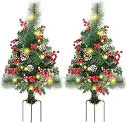FORUP Set of 2 30 Inch Pre-Lit Pathway Christmas Trees Urn Filler, Outdoor Christmas Tree Decorations for Porch, Driveway, Yard, Garden, with 60 LED Lights, Red Berries, Pine Cones, Red Ball Ornaments