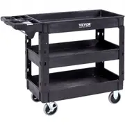 VEVOR Utility Service Cart, 3 Shelf 550LBS Heavy Duty Plastic Rolling Utility Cart with 360 Swivel Wheels (2 with Brakes), Medium Lipped Shelf, Ergon