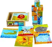 TOWO Wooden Cube Jigsaw Puzzle – 9 Cubes, 6 Wild Animal Pictures, Wooden Box – Educational Toy 2-Year-Olds