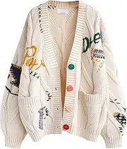 [ebossy] Women's Cable Knit Long Sleeve Open Front Cardigan Sheep V-Neck Button Down Embroidery Wool Blend Sweater Coat Outwear