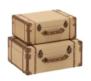 Beige Set of 2 Upholstered Wooden Trunks Chest with Metal Studs Keepsake Boxes