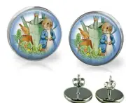 Peter Rabbit Beatrix Potter Stud Earrings 20mm Silver Plated Glass Top Gift