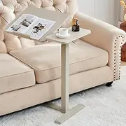 Height Adjustable Overbed Table with Tilting Top, Standing Desk Hospital Bed Table Bedside Sofa Side Table 16" D x 28" W, Right Hand Movable Overbed Table with Hidden Wheels, Greyish White