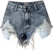 [Bciopll] Women Jeans Shorts Low Waist Worn Out Irregular Tassel Pocket Slim Denim Shorts