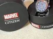 Citizen Eco-Drive Mens Blue Dial Silver Case Marvel Chronograph Diver Wristwatch