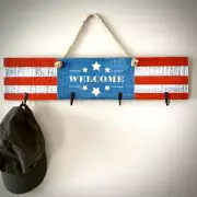 USA Patriotic Rustic 4 Hook Coat Rack Wood Wall Mount Coat Hanger 24” x 6”