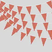 15 Meters 49ft Red and White Cotton Fabric Checkered Pennant Banner, Party Decoration Double Sided Triangle Gingham Bunting Flags for Carnival Picnic Birthday Baby Shower Garden Dcorations
