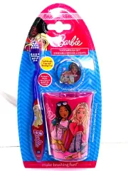 NIP Brush Buddies Purple Barbie Soft Toothbrush Rinsing Cup Blonde Brunette Cap