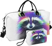 [ZRYSMY] Colorful Raccoon White Duffel Bag for Traveling, Travel Bag Gym Bag, with Multiple Interior Pockets Shoulder Weekender Bag for Women Men with Toiletry Bag 20.5L x 1.9W x 13.8H, Multi-Colored