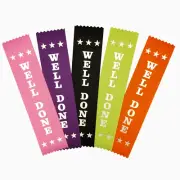 100 Well Done Award Ribbons - Mixed Colours - Metallic SILVER print - Aust Made