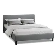 ALFORDSON Bed Frame with Headboard in Linen Fabric Upholstery Double Size, Bed Base Platform with Adhesive Velcro Strips Wooden Slats, Mattress Foundation Max 320kg, Fabric Grey
