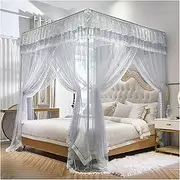 Lace Bed Canopy with Stand,4 Corners Post Princess Blackout Beds Curtains,for Twin Full Queen King Beds - Romantic Bedroom Decor Home Staging(Gray,70.8 * 79.7in)