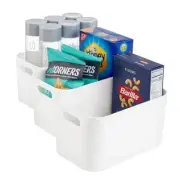 Plastic Storage Bins, Set of 3 Organizers, Pantry Storage Containers, White