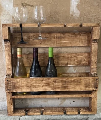 Wall Mount 5 Bottle Wine Rack - Handmade From Reclaimed Wood - With Glass Holder