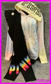 Victoria's Secret Pink Tie Dye Ombre Full Zip Hoodie + Leggings Set Rainbow L