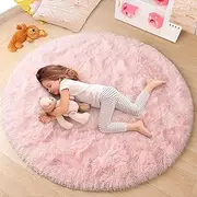 (Pink-4×4) LIWEGHT Pink 4×4 Round Area Rug for Girls Bedroom, Non Slip Fluffy Round Circle Rug for Cute Baby Room Decor
