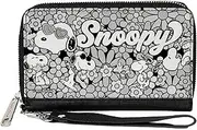 [Buckle-Down] Peanuts Wallet, Zip Around, Snoopy Poses and Daisy Flowers Collage Black Grays White, Vegan Leather