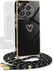 [YAMCCCSE] Mobile Phone Chain for OnePlus 11 5G, Case with Strap, Shockproof Silicone Mobile Phone Case with Love Heart Electroplating Cord Protective Case, Women Girls Case with Strap, Black Gold