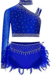 [Jugaoge] Kids Girls Jazz Latin Dance Outfits Rhinestones Irregular Shoulder Crop Top with Feather Briefs Performance Costume