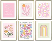 WINDVALE Pink Flower Market Wall Art Prints, Boho Aesthetic Posters, Danish Pastel Art, Botanical Daisy Pictures for Bedroom, Living Room, Dorm Decor