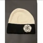CHANEL Knit Hat Beanie Hat Coco Mark Camellia White