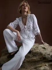 River Island White 100% Cotton 3/4 Sleeve Tie Front Cutwork Blouse (F98653) | $83