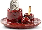 4 in 1 Palo Santo Holder, Ceramic Incense Holder, Sage Holder, Smudge Bowl, Palo Santo Burner, Incense and Candle Holder for Burning Sage for Smudge Meditation Yoga (RED)
