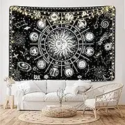 Zodiac Astrology Tapestry - Black and White Moon and Sun Constellation Wall Hanging for Room (51.2 x 59.1 inches)