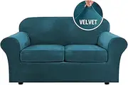 LINGKY Velvet Sofa Cover with 2 Separate Cushion Covers, Stretch Ultra Soft Plush Sofa Slipcover Replacement Anti-Slip Furniture Protector with Elastic Bottom (Deep Teal,2 Seater(122-172cm))
