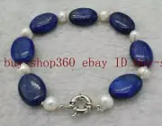 New 7-8mm Baroque White Pearl 13x18mm Oval Lapis lazuli Bracelet Bangle 7.5''AAA